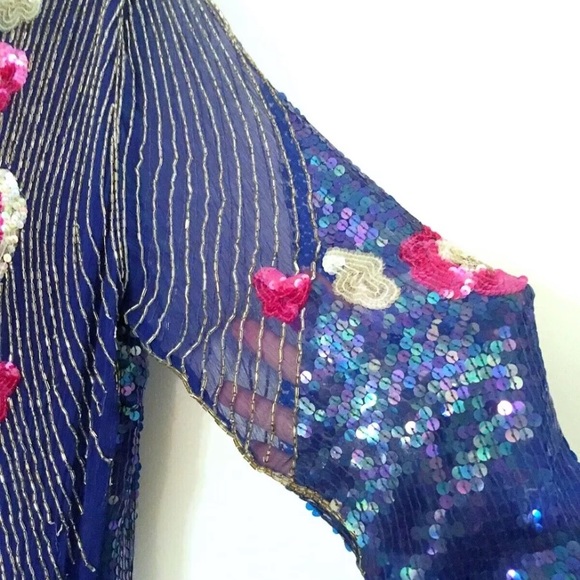Vintage Royal Blue Sequin Beaded Dress Lined Shoulder Pads Mesh Pink Gold Gatsby - Picture 8 of 13